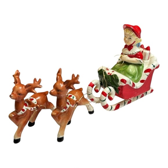 VTG Lipper & Mann Japan Christmas Girl in Candy Cane Sleigh with Reindeer 1950 - Picture 12 of 12